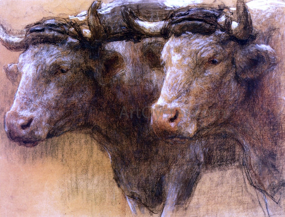  Leon Augustin L'hermitte) Heads of Two Oxen, Study for 'La Famille' - Art Print