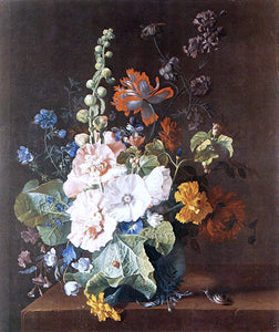  Jan Van Huysum Hollyhocks and Other Flowers in a Vase - Art Print