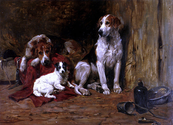  John Emms Hounds and a Jack Russell in a Stable - Art Print
