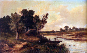  Junior Abraham Hulk In The English Countryside: An Angler In A Boat On A River, A Village Church Beyond - Art Print