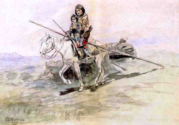  Charles Marion Russell Indian on Horseback with a Child - Art Print