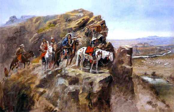  Charles Marion Russell Indians on a Bluff Surveying General Miles' Troops - Art Print
