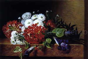  Johan Laurentz Jensen Iris, Dahlia, Pelargonium and Ivy Leaves on a Brown Marble Ledge - Art Print