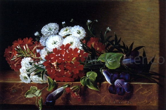  Johan Laurentz Jensen Iris, Dahlia, Pelargonium and Ivy Leaves on a Brown Marble Ledge - Art Print