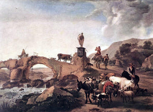  Nicolaes Berchem Italian Landscape with Bridge - Art Print