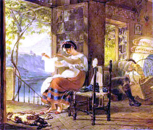 Karl Pavlovich Brulloff Italian Woman Heavy with a Child Examining a Shirt and her Husband Making a Cradle - Art Print
