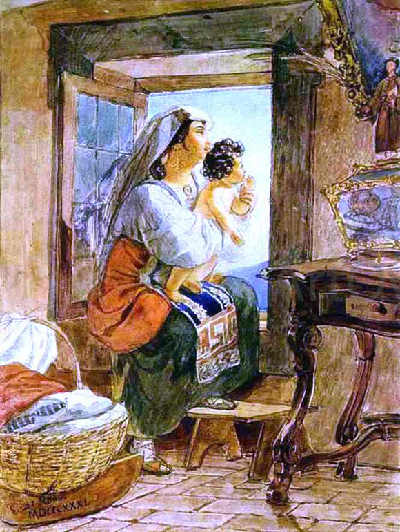  Karl Pavlovich Brulloff Italian Woman with a Child by a Window - Art Print