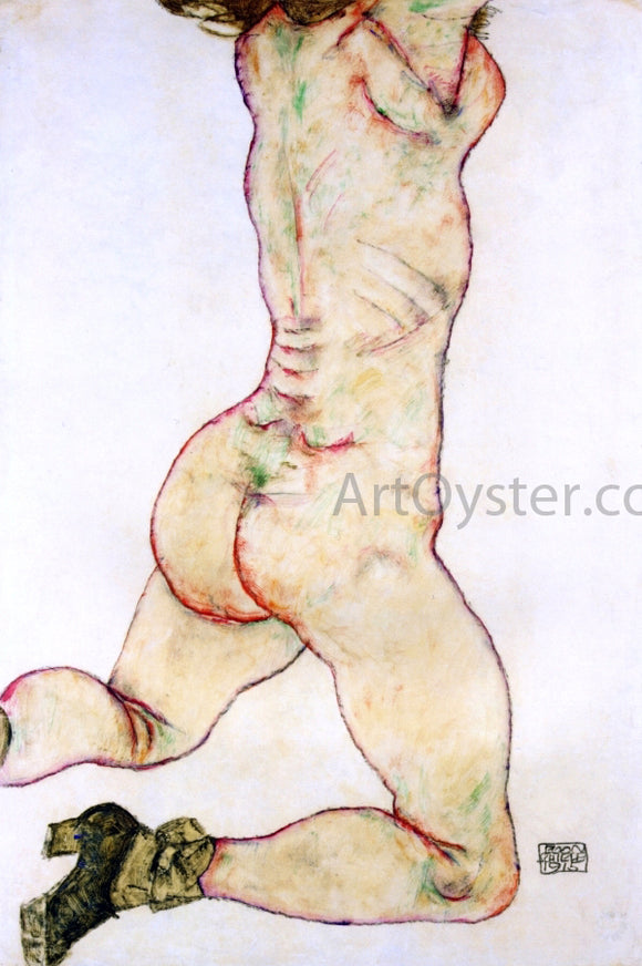  Egon Schiele Kneeling Female Nude, Back View - Art Print
