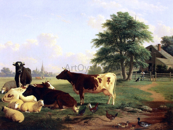  Thomas Hewes Hinckley Landscape,: Cattle, Woman, Boy and Newfoundland Dog - Art Print