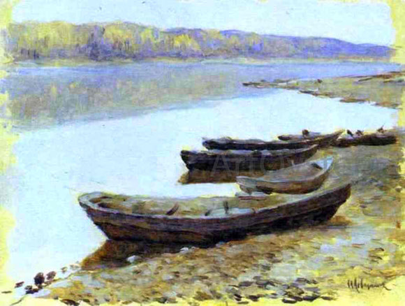  Isaac Ilich Levitan Landscape on the Volga, Boats by the Riverbank - Art Print