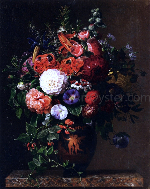  Johan Laurentz Jensen Lilies, Peonies, Violets and Roses in a Greek Figure Vase on a Marble Pedestal - Art Print