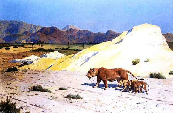  Jean-Leon Gerome Lioness and Her Cubs - Art Print