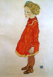  Egon Schiele Little Girl with Blond Hair in a Red Dress - Art Print