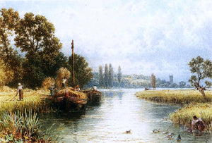  Myles Birket Foster Loading the Hay Barges, with a Young Woman Taking Water from the River in the Foreground - Art Print