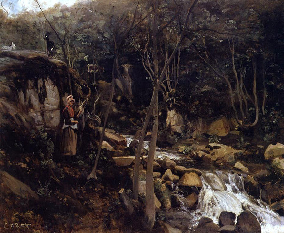 Jean-Baptiste-Camille Corot Lormes - A Waterfall with a Standing Peasant, Spinning Wool - Art Print