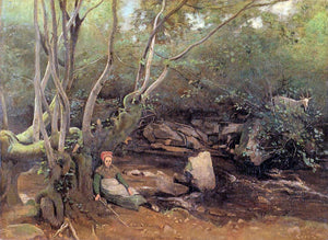  Jean-Baptiste-Camille Corot Lormes - Shepherdess Sitting Under Trees Beside a Stream - Art Print