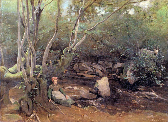  Jean-Baptiste-Camille Corot Lormes - Shepherdess Sitting Under Trees Beside a Stream - Art Print