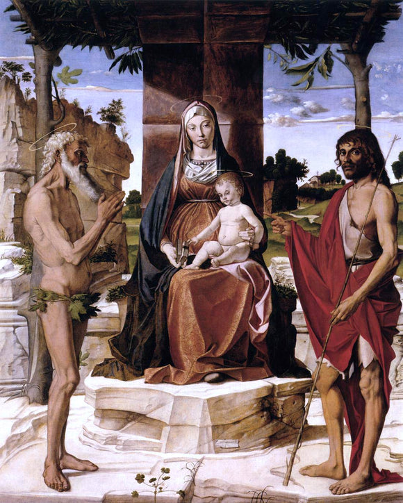  Bartolomeo Montagna Madonna and Child under a Pergola with St John the Baptist and St Onofrius - Art Print