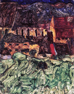  Egon Schiele Meadow, Church and Houses - Art Print