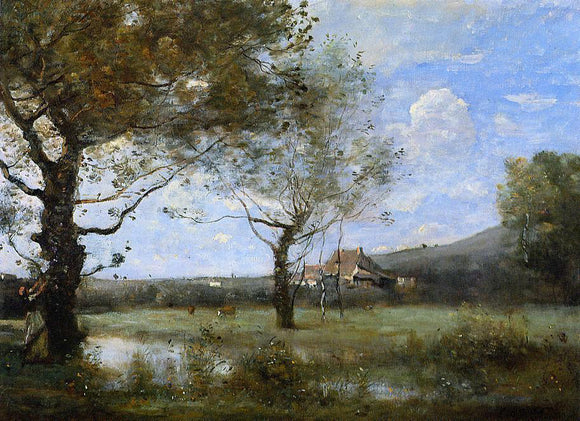  Jean-Baptiste-Camille Corot Meadow with Two Large Trees - Art Print