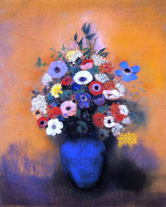  Odilon Redon Minosas, Anemonies and Leaves in a Blue Vase - Art Print