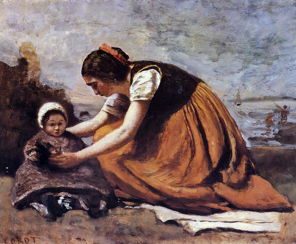  Jean-Baptiste-Camille Corot Mother and Child on the Beach - Art Print