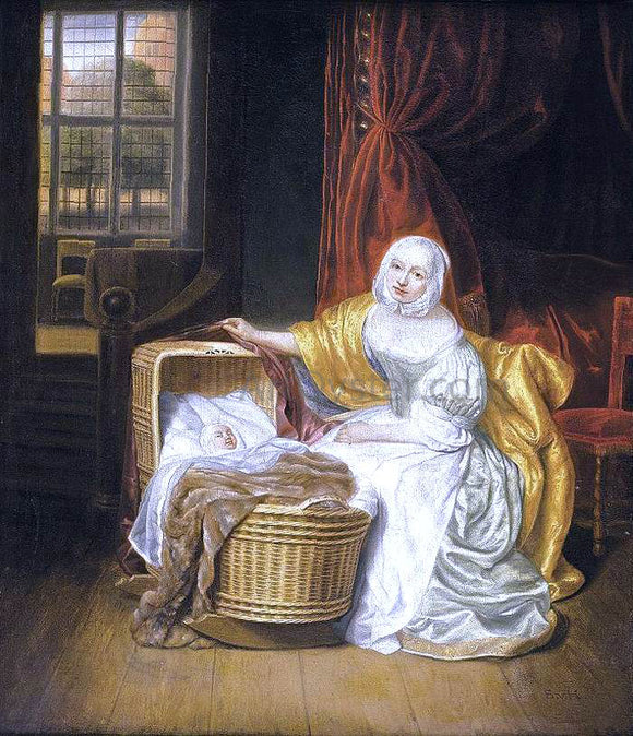  Samuel Van Hoogstraten Mother with a Child in a Wicker Cradle - Art Print