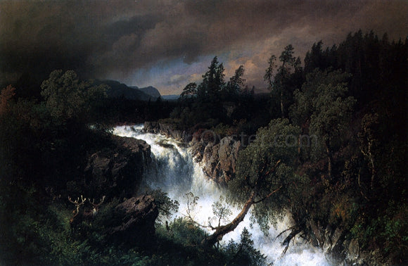  Herman Herzog Mountain Landscape and Waterfall - Art Print