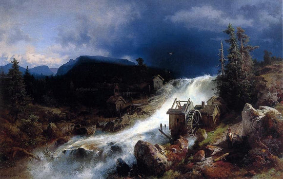  Herman Herzog Mountain Landscape with Watermill - Art Print