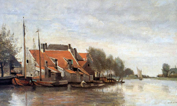  Jean-Baptiste-Camille Corot Near Rotterdam, Small Houses on the Banks of a Canal - Art Print