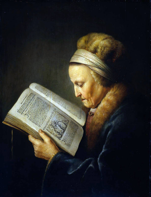  Gerrit Dou Old Woman Reading a Lectionary - Art Print