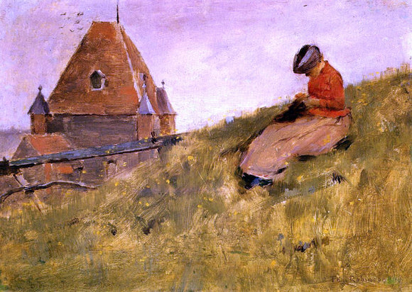  Theodore Robinson On the Cliff: A Girl Sewing - Art Print