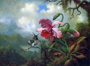  Martin Johnson Heade Orchid and Hummingbirds near a Mountain Lake - Art Print
