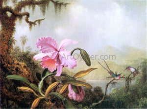  Martin Johnson Heade Orchids and Hummingbirds near a Mountain Lake - Art Print
