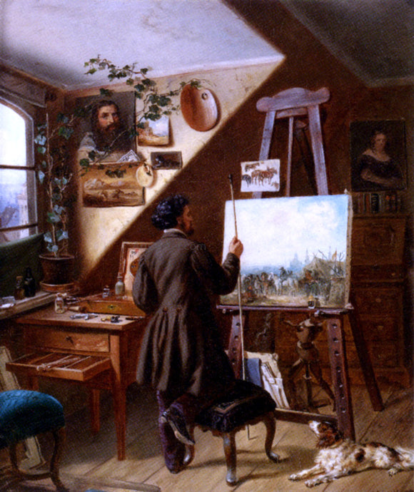  Gustav Adolf Friedrich Painting Horses In The Studio, A Self Portrait - Art Print