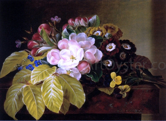  Johan Laurentz Jensen Pansies, Appleblossoms, Gloxinia, Phlox and Primula Auricula on a Brown Marble Ledge - Art Print