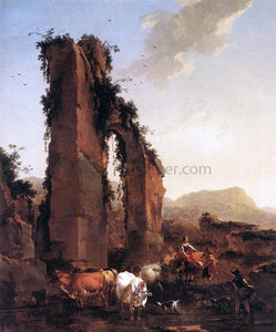  Nicolaes Berchem Peasants with Cattle by a Ruined Aqueduct - Art Print