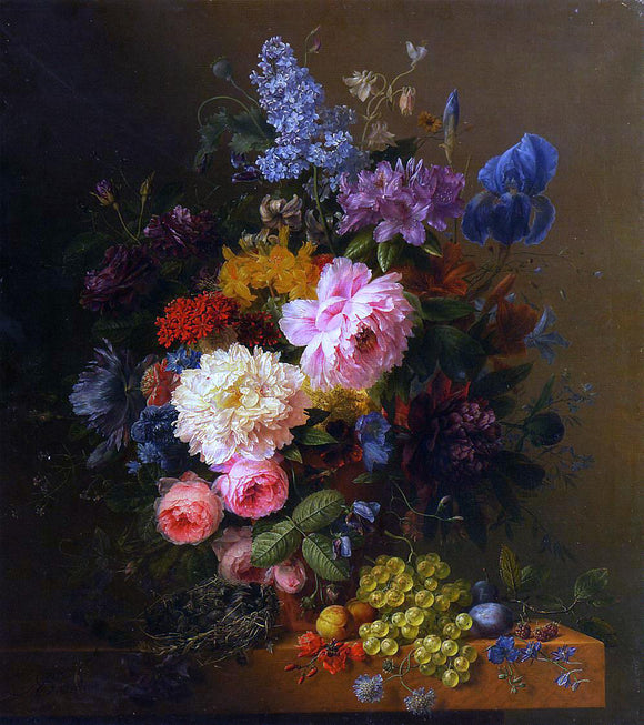  Arnoldus Bloemers Peonies, Roses, Irises, Lilies, Lilac and Other Flowers in a Vase on a Ledge Laden with Fruit - Art Print