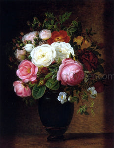  Johan Laurentz Jensen Pink and White Roses in a Black Glaze Amphora on a Brown Marble Ledge - Art Print