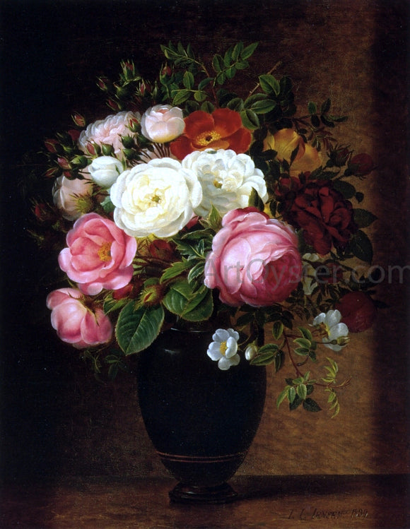  Johan Laurentz Jensen Pink and White Roses in a Black Glaze Amphora on a Brown Marble Ledge - Art Print