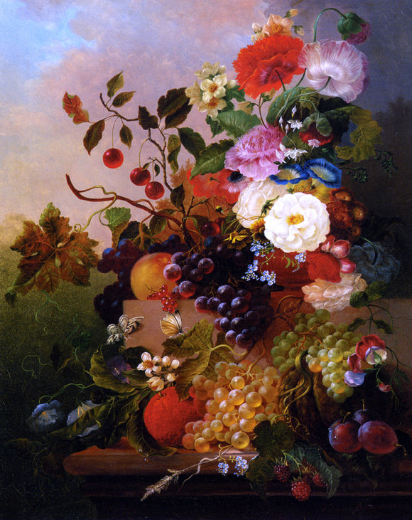  Jan Van Der Waarden Poppies Peonies Roses and other Flowers with Grapes on a Marble Ledge - Art Print