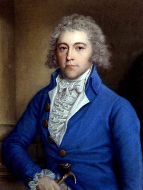 John Russell Portrait of a Gentleman, half-length, in a blue coat, holding a cane in his right hand - Art Print