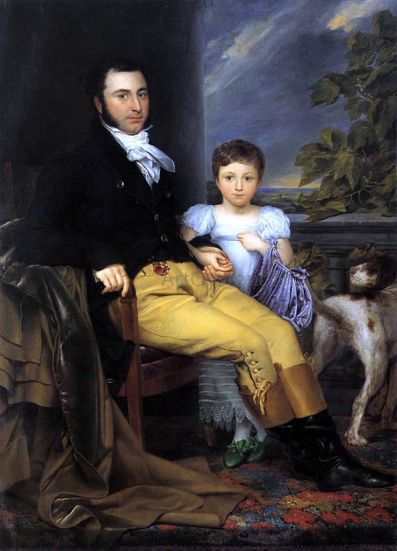  Joseph-Denis Odevaere Portrait of a Prominent Gentleman with his Daughter and Hunting Dog - Art Print
