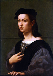  Giuliano Bugiardini Portrait of a young gentleman half length in a blue Douiblet and white shirt with black hair - Art Print