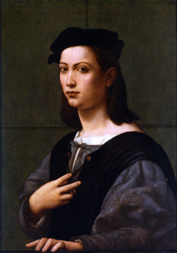  Giuliano Bugiardini Portrait of a young gentleman half length in a blue Douiblet and white shirt with black hair - Art Print
