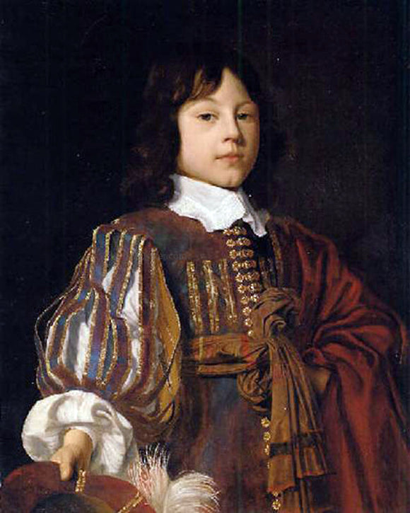  Jan Mytens Portrait of a young gentleman in a burgundy doublet with slashed sleeves and a sash, a feathered cap in hand - Art Print