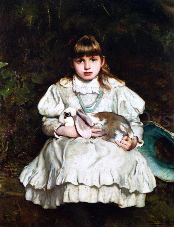  Frank Holl Portrait of a Young Girl Holding a Pet Rabbit - Art Print