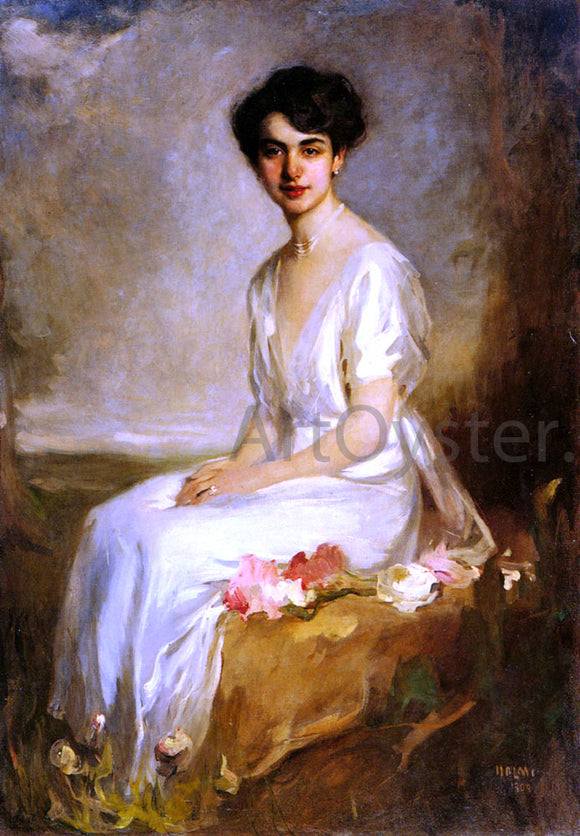  Artur Lajos Halmi Portrait of an Elegant Young Woman in a White Dress - Art Print