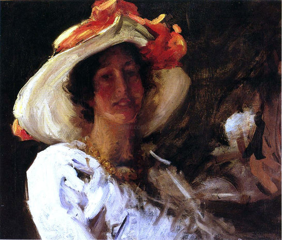  William Merritt Chase Portrait of Clara Stephens Wearing a Hat with an Orange Ribbon - Art Print