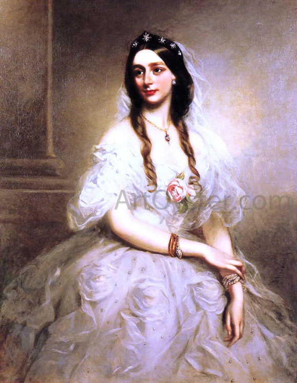  Richard Buckner Portrait of Mrs C.W.Stoughton, three-quarter length, wearing a white dress - Art Print